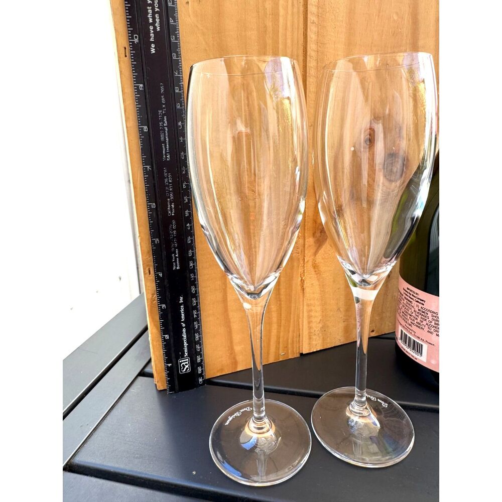 Pair of Dom Perignon Crystal Champagne Flutes Shield Logo Etched on Stem 9 1/4"